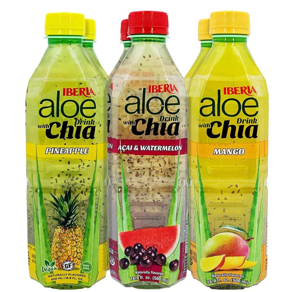 image:imageIberia Aloe Vera Drink with Aloe Pulp and Chia Seeds 169 Ounce Pack of 6 2 X Watermelon amp Acai 2 x Mango 2 x PineappleVariety Pack