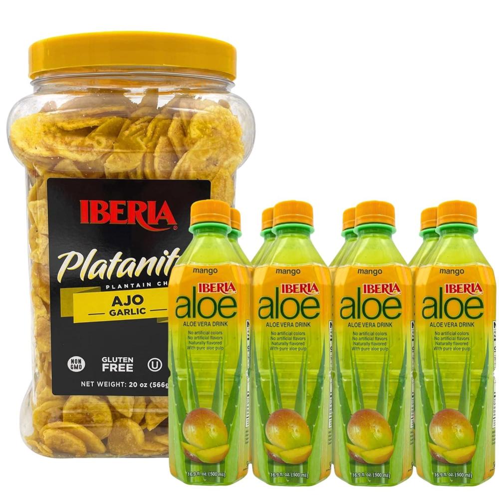 image:imageIberia Garlic Plantain Chips 20 Oz  Iberia Aloe Vera Drink with Pure Aloe Pulp Mango 169 fl oz Pack of 8Plantain  Mango Aloe