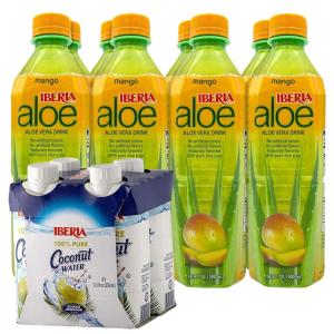 Iberia 100% Natural Coconut Water 11.1 Oz (Pack Of 4)+ Iberia Aloe Vera Drink with Pure Aloe Pulp, Mango, 16.9 fl oz. (Pack of 8)(Coconut + Mango)