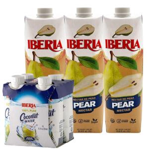 Iberia 100% Natural Coconut Water 11.1 Oz (Pack Of 4)+ Iberia Pear Nectar, 33.8 Fl Oz, Pack of 3(Coconut + Pear Nectar)