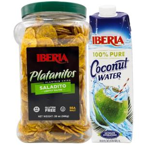 Iberia Coconut Water, 33.8 fl oz + Iberia Saladito Lightly Salted Plantain Chips, 20 Oz.(Coconut Water + Saladitos)