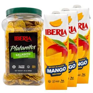 Iberia Lightly Salted Plantain Chips, 20 Oz. + Iberia Mango Nectar, 33.8 fl. oz, (Pack of 3)(Plantain + Mango)