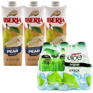 Iberia Pear Nectar, 33.8 Fl Oz (Pack of 3) + Iberia Aloe Vera Drink with Pulp 9.5 fl oz, Original (Pack of 6)