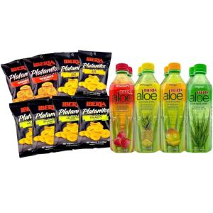 Iberia Snack Variety Bundle – 1 x 8 Pack Aloe Vera Drink Variety Pack + 1 x 8 Pack Plantain Chips Variety Pack