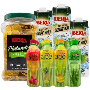 Iberia Snacks Gift Pack – Iberia Organic Coconut Water, 1 Liter (Pack of 3), Iberia Aloe Vera Drink with Pulp, Variety Pack, (Pack of 8), Iberia Lightly Salted Plantain Chips, 1.75 lb.
