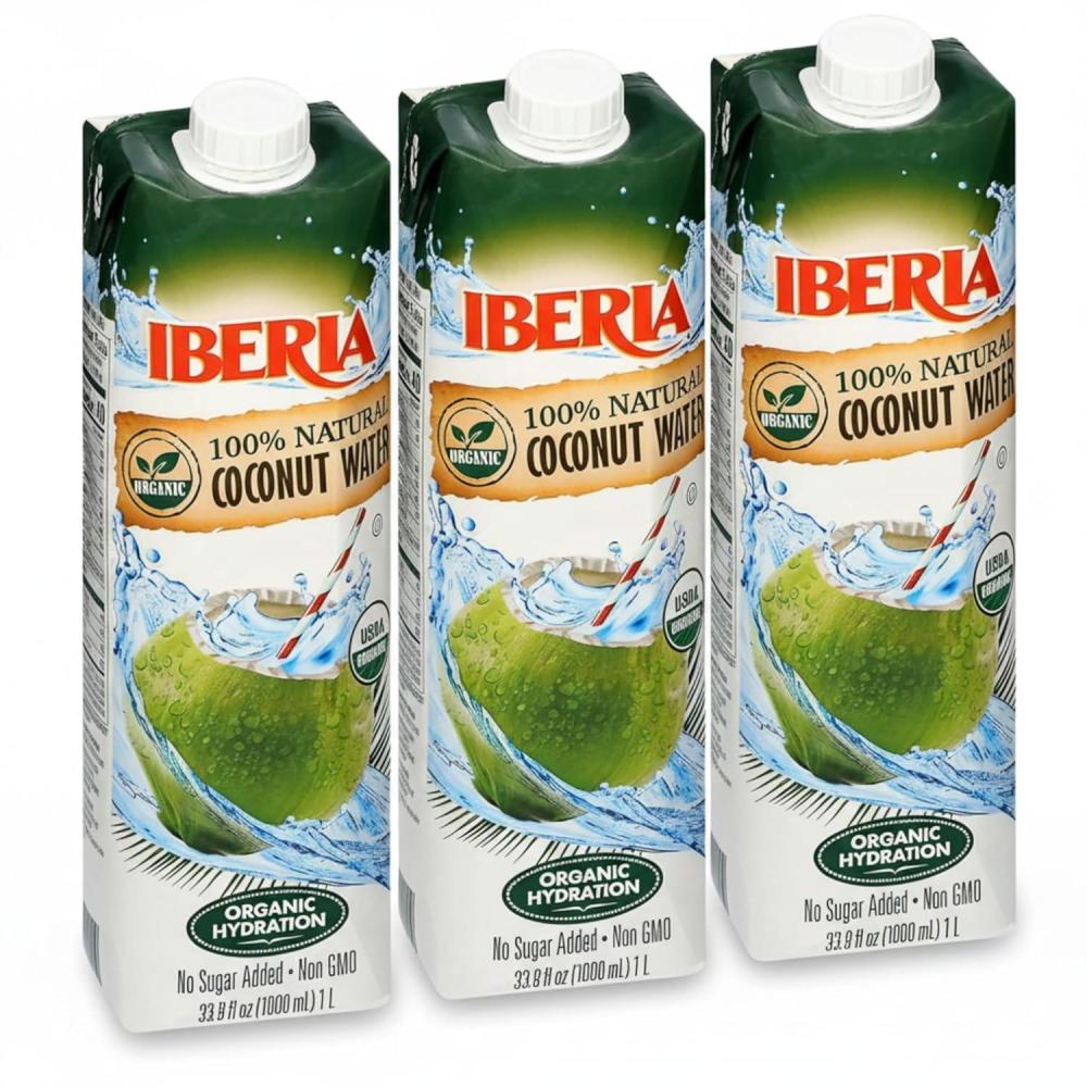 image:imageIberia 100 Pure Organic Coconut Water 1 Liter  338 Fl Oz Pack of 3