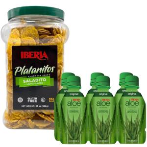 Iberia Lightly Salted Plantain Chips, 20 Oz. + Iberia Aloe Vera Juice Drink, Original, 9.5 Fl Oz (Pack of 6)