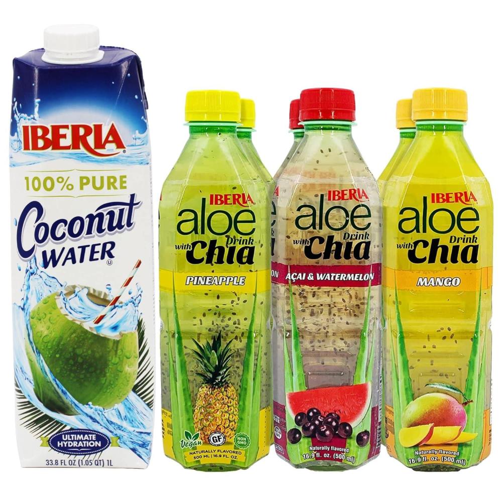 image:imageIberia Coconut Water 338 fl oz Iberia Aloe Vera Drink with Aloe Pulp and Chia Seeds 169 Ounce Pack of 6 2 X Watermelon amp Acai 2 x Mango 2 x Pineapple