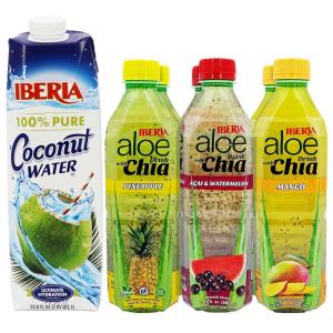 Iberia Coconut Water, 33.8 fl oz + Iberia Aloe Vera Drink with Aloe Pulp and Chia Seeds 16.9 Ounce (Pack of 6) 2 X Watermelon & Acai, 2 x Mango, 2 x Pineapple