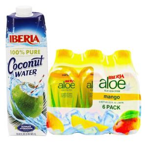 Iberia Coconut Water, 33.8 fl oz + Iberia Aloe Vera Juice Drink With Aloe Pulp, Mango, 9.5 Fl Oz, Pack of 6