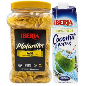 Iberia Coconut Water, 33.8 fl oz + Iberia Garlic Plantain Chips, 20 Oz.