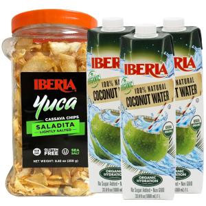 Iberia Yuca/Cassava Chips, 8.8 oz + Iberia 100% Pure Organic Coconut Water, 1 Liter, 33.8 Fl Oz (Pack of 3)