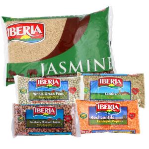 Iberia Dry Beans and Rice Variety Pack: Dry Lentils 12 oz, Red Lentils 12 oz, Roman Cranberry Beans 12 oz, Whole Green Peas 12 oz, Brown Jasmine Rice 5lb.