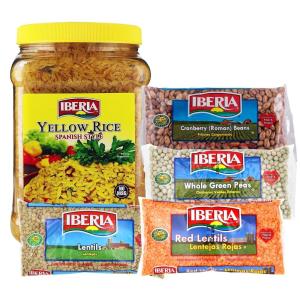 Iberia Dry Beans and Rice Variety Pack: Dry Lentils 12 oz, Red Lentils 12 oz, Roman Cranberry Beans 12 oz, Whole Green Peas 12 oz, Yellow Spanish Rice 3.4lb.
