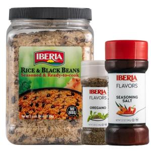 Iberia Seasoning Salt, 12 Oz + Iberia Orgeano, 1.7 oz + Iberia Rice and Black Beans Jar 3.4 lb.