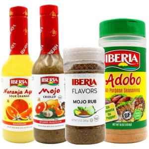 Iberia Mojo Criollo Spanish Marinating Sauce 20 Fl oz. + Iberia Naranja Agria, 20 Ounce + Iberia Mojo Rub, 5 oz + Iberia Adobo All Purpose Seasoning, Without Pepper, 16 oz